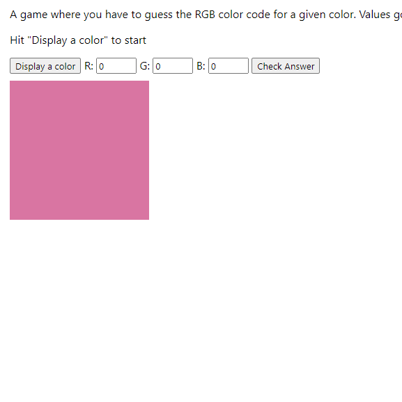 Screenshot of color guessing game project website