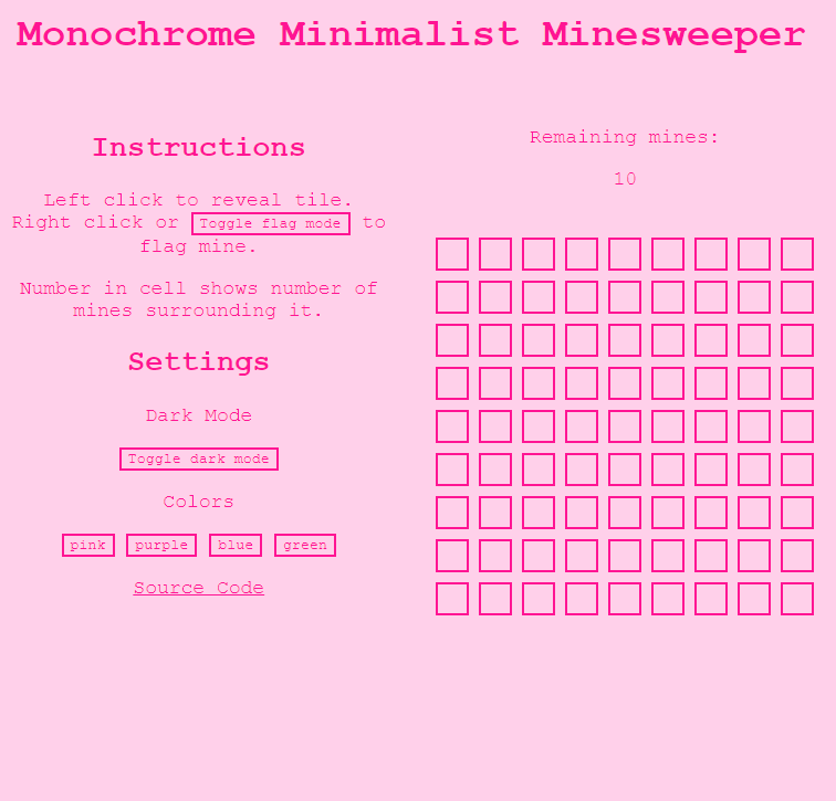 Screenshot of custom minesweeper project